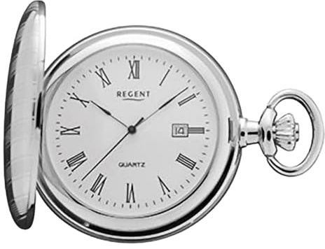 REGENT Orologio da tasca da uomo Savonnette Coperchio pieghevole 47 MM Quarzo Bianco Numeri romani Data, P-737 - Argento, Classico