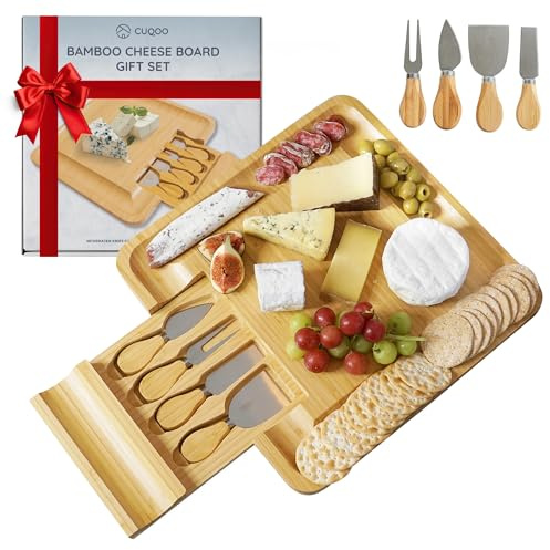 CUQOO Bamboo Cheese Board Set with Drawer & 4 Knives – Large Wooden Charcuterie Board, Cheeseboard Gift Set for Serving, Grazing, Cheese Boards & Knives (Cheese Boards and Knives Gift Set)