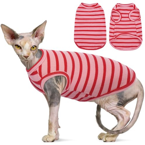 OUOBOB Ropa para gatos Sphynx, transpirable, sin pelo, a rayas, sin mangas, suéter, suéter para gatos, ropa de verano para mascotas para Sphynx, Cornish Rex, Devon Rex, Peterbald, perros pequeños