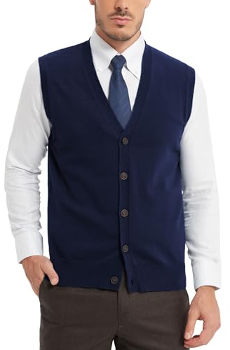 Kallspin Men’s 100% Cotton Sweater Vest V Neck Button Front Sleeveless Cardigan Smart Casual Knit Gilet Jumper(Navy Blue, L)