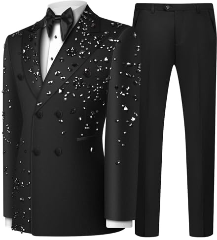 Olibexley Men's 2 Piece Double Breasted Suits Slim Fit Tuxedo Jacket and Dress Pants Set for Wedding Business Prom Suits (US, Alpha, X-Small, Regular, Regular, Black)