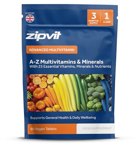 Zipvit A-Z Multivitamin Tablets for Men & Women, 25 Essential Vitamins & Minerals, Extra Support for Energy, Heart, Immunity & Mental Performance, 90 Vegan Tablets, 3 Month Supply, Eco-Friendly Pouch