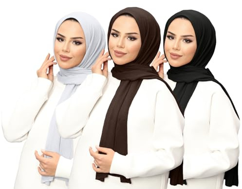 janisramone® Ladies head Scarf, Pack of 3 Plain Jersey Hijab, Muslim Soft Stretchy Scarf for Women UK, Modern Ladies Scarves, Prayer Wrap Hijabs, Stylish Gift Scarves for Women