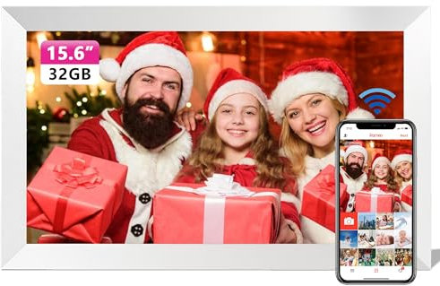 Frameo 15,6 Zoll Frameo Digitaler Bilderrahmen WiFi - 1920x1080 FHD IPS Bildschirm Touchscreen, Eingebauter 32 GB Speicher, Auto Drehen, Elektronischer Bilderrahmen per App zum Teilen von Fotos