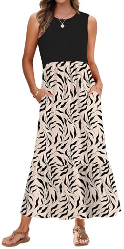 AUSELILY Summer Dresses for Women UK Sleeveless Maxi Ladies Beach Coverups Sun Dresses Tiered Long Dress with Pockets Black New KK BK Leaf L