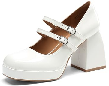 DREAM PAIRS Scarpe con Tacco Alto Mary Jane a Piattaforma per Donna, Tacco Chunky Chiuso, Décolleté con Doppio Cinturino in Stile Y2K,Size 43,Bianco-Pat,DWUMPU2572