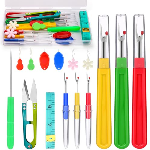 16 Pcs Seam Ripper Set, 6 Pcs Stitch Unpicker Tool, Seam Rippers for Sewing with Needle Threader, Scissors, Awl and Storage Box for Removing Threads, Sewing Accessories Supplies Crafting