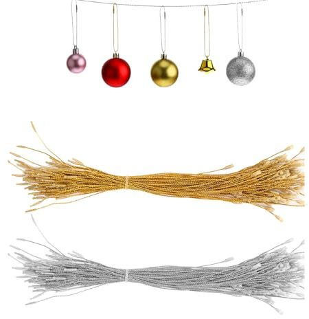 200pcs Christmas Bauble Hanger String, Gold Silver String Twine Thread with Snap Fastener for Christmas Ornaments Baubles Hanging Xmas Tree Pendants Gift Tag Jewellery Cords Party Decorations Supplies