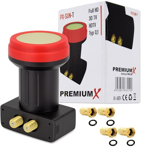 Premium X Twin LNB – 2 fack – extremt värmebeständig – för 2 deltagare – 4K Full HD – med väderskydd för parabolantennmottagare digital – svart – inklusive 4X F-kontakt