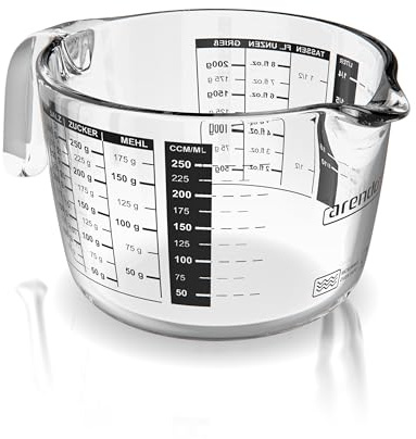 Arendo - Messbecher Glas 250ml - Glasmessbecher – Borosilikatglas – für Mehl Zucker Gewürze Flüssigkeiten Süßigkeiten – Glasbehälter - lebensmittelecht