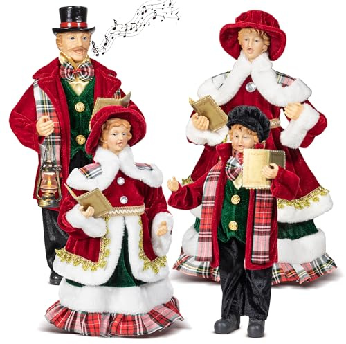 KI Store Christmas Caroler Figurines Set of 4 Coraling Family Figures with Music and Lights 36cm to 46cm Christmas Corals for Holiday Decor