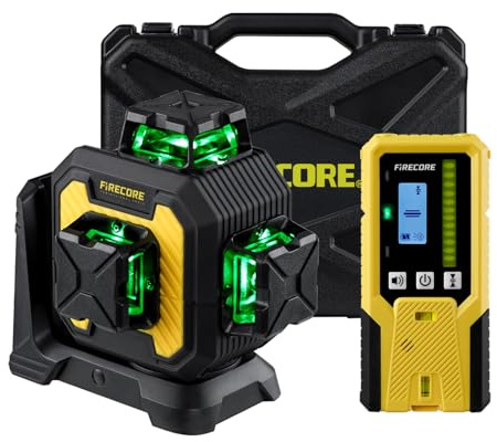 Firecore Laser Level with Receiver Kit, 1/13 High Accuracy, Laser Level 360 Self Leveling with Pulse Mode for Outdoor Up To 197ft, Rechargeable Green Line Laser for Home Renovation Construction-F93