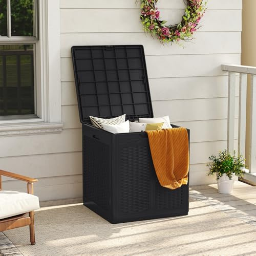 GOPLUS Coffre de Jardin Exterieur Etanche 145 L avec Couvercle Verrouillable, Design Rotin, Poignées Latérales, Boîte Banc de Rangement Jardin pour Outils, Coussins, (Noir,56x56x60,5 cm|145L)