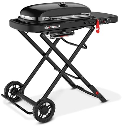 Weber Traveler Stealth Gasgrill/klappbares Design mit Rädern, Automatische Deckelarretierung und Deckelthermometer, 1 Brenner, 111 cm breit, 63 x 34 cm Grillfläche, Schwarz (9010079)