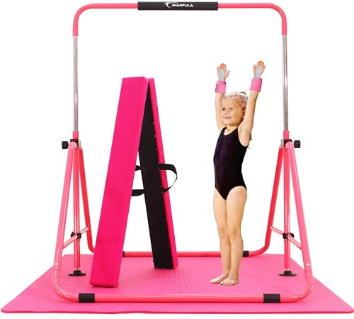 MARFULA Gymnastic Bar with Mat with Balance Beam for Kids Home and Club Use 5 Ft Kip Bar with 6 Ft Mat with 6 Ft Balance Beam Gymnastic Training Equipment for 3-12 Years Old