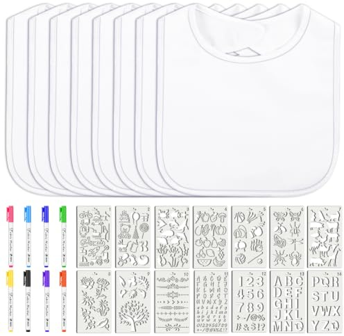 Vicloon Baberos de Bebé para Pintar, 8 Baberos Blancos Impermeables de Algodón con 8 Bolígrafos Textiles y 14 Plantillas, DIY Creativo para Bebé, Regalos para Baby Shower (30 x 20 cm)