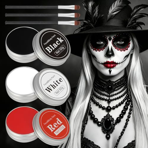 AYBUY Tattoo färg svart vit röd, med 3 penslar, kroppsmålningsfärger, 150 g | Tatueringsfärg svart vit röd, ansiktsfärg halloween teatersmink, ansiktsfärger barnsmink barn vuxna karneval