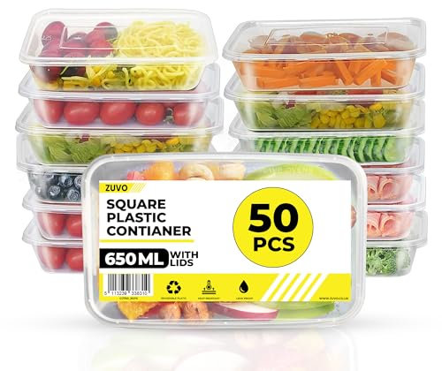 Zuvo Plastic Food Containers 650 ml - Pack of 50 Reusable Food Containers - Perfect Clear Plastic Food Storage Containers - Microwave and Freezer Safe, Recyclable