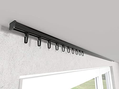 Market-Alley Vorhangschiene Aluminium Weiß/Schwarz Gardinenschiene ; C 1-läufig ; 120cm-600cm. Für Kräuselband Gardinen oder Schiebevorhang (Schwarz Gardinenschiene mit Faltenlegehaken ; 160cm)
