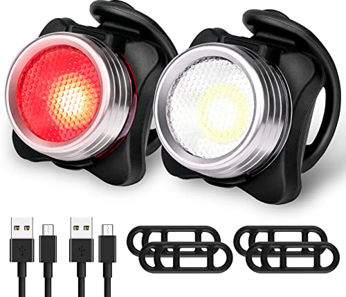 Blukar Éclairage Vélo, Ensemble Lumière Vélo LED Puissante Rechargeable Avant Arrière, Phare Lampe de Vélo Etanche 5 Modes de Luminosité pour Cyclysme VTT, VTC, Bicyclette-2 USB Câbles Inclus