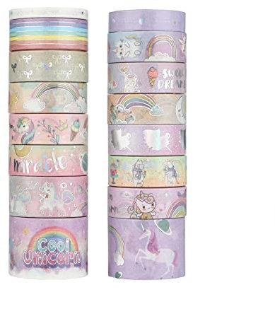 LGEGE 16 Rollen Einhorn Washi Tape Set, 5/10/15/20/30mm mm breit, Silberfolie Einhornmuster, japanisches Abdeckband Dekor für Scrapbook, Bullet Journal, Einhorn Party Dekoration (3m)