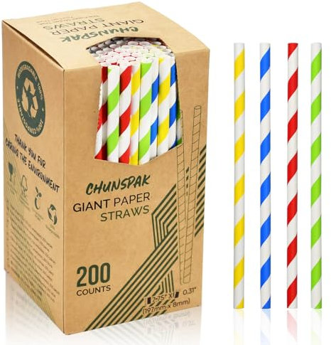 Cannucce di carta usa e getta, 8 mm, 19,7 cm, strisce colorate, per frappè, gelato, frullati, bevande spesse, 200 pezzi