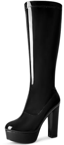 Allegra K Women's Patent Leather Platform Tall Gogo Boots Chunky Heel Knee High Boots Black 5 UK/Label Size 7 US