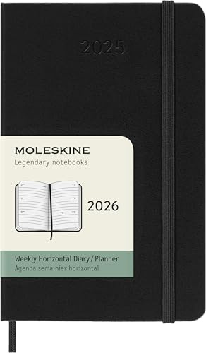 Moleskine Weekly Planner, Horizontal Weekly Agenda 2026 12 Months, With Hard Cover and Elastic Closure, Pocket Size 9x14, Black Color