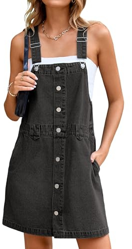 Glamaker Women's Denim Overall Dress Jean Sleeveless 2025 Mini Pinafore Casual Button Dress with Pocket Black M