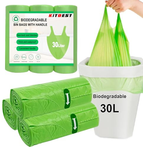 KITBEST 30L Sacchetti Biodegradabili e Resistenti (60 pezzi), Chiusura con Manici, 60x75cm, sacchetti per rifiuti alimentari verdi con manico, compostabili, medi, per cucina, ufficio, bagno e WC