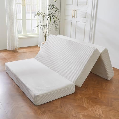 MAXYOYO Fällbar madrass av manchester, 3-vägs vikbar madrass 10 cm tjock, vikbar gästmadrass med avtagbart och tvättbart överdrag, platsbesparande för gästrum och resor (beige, 135 x 190 cm)
