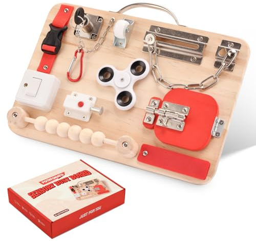 potatomato Montessori Busy Board – Giocattolo sensoriale in Legno per Bambini | Tavola educativa per Lo Sviluppo delle abilità motorie, Ideale per Viaggi e Come Regalo
