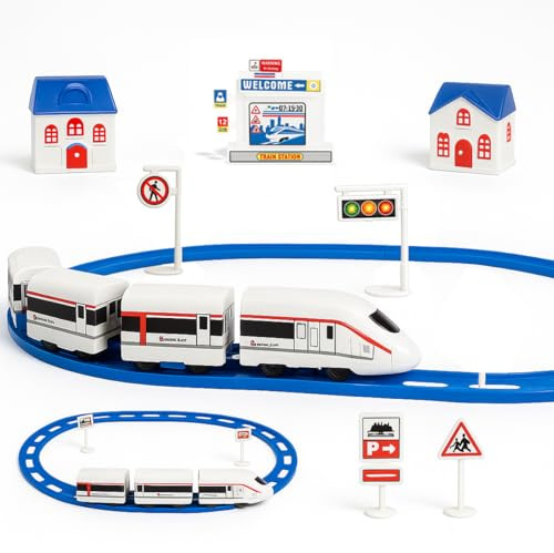 Xwin 24 PCs Toy Train Set for Kids, Electric Bullet Train, Realistic Railway with Tracks, Battery Operated Model Railway with Accessories, Imaginative Role Play Gift for Children 3+ Years