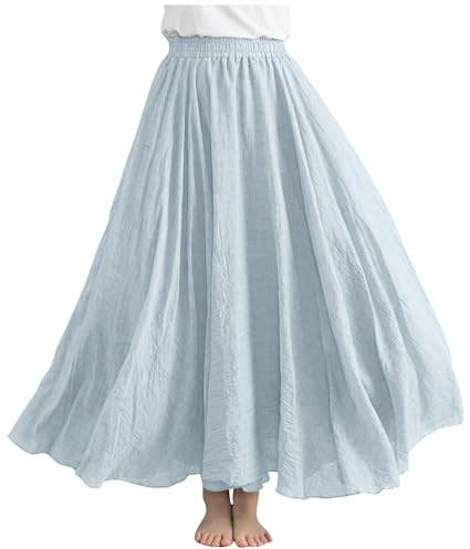 Gonna in cotone e lino per le donne UK A Line Maxi gonne eleganti casual a vita alta ufficio lavoro swing solido base lunga lunghezza festa uscire strappy signore, Azzurro, Taglia unica