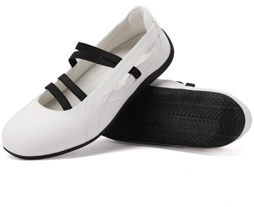 MAVMAX Mary Jane Shoes Ballet Sneakers for Women Casual Sneakers with Elastic Strap Non Slip Women's Ballet Flats with Foam Insole for Comfortable Daily Outgoing Work Size 5 White