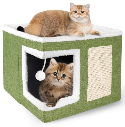 Loyareal Cat Houses for Indoor Cats - Large Cat Bed Cave with Scratch Pad and Fluffy Ball, Foldable Cat Condo Hideaway with Reversible Cushion for Multi Small Pet, Green