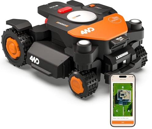 Worx Landroid Vision Cloud WR340E 4WD Robot Cortacésped, Sin Cable Perimetral, hasta 600 m², Evitación de Obstáculos con IA, Navegación VSLAM + RTK Cloud, 84% de Pendiente, Mapeo Automático