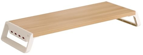 Wooden Monitor Stand Riser – kontorsskrivbordsorganisatör med 4 USB-portar | stabilt monitorstativ för dator, perfekt för hemmakontor, skola, studentboende och högskola, platsbesparande och