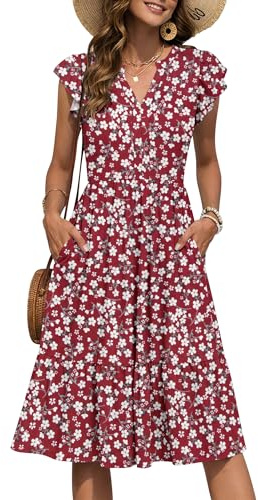 PLMOKEN Vestidos de verano para mujer, vestido floral de manga corta, cuello en V, longitud a la rodilla, holgado, con volantes, vestidos de playa con bolsillos
