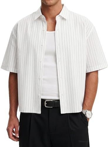 HAWILAND Men Striped Cropped Shirt Short Sleeve Button Up Baggy Boxy Shirt | Y2K Vintage Crop Shirt, Summer Casual Holiday Loose Fit Crop Top, Streetwear