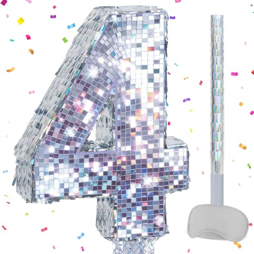 WERNNSAI Disco Number 4 Pinata Silver Fourth Birthday Party Decorations | Shiny 4th Birthday Decor Disco Pinata with Stick and Blindfold Supports Hit or Pull Two Ways to Play Hold 3lbs Pinata Fillers