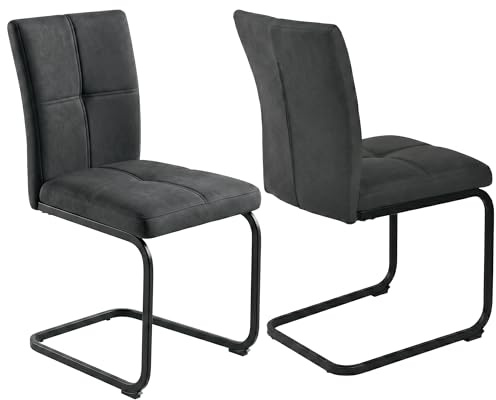 JIEXI Set of 2 Grey Cantilever Dining Chairs with High Backs | Textured Fabric, Padded Seat and Backrest, Quilted Stitching, Black Metal Frame, for Dining Rooms, Kitchens and Offices