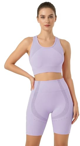 UDILEO Set Palestra Donna 2 Pezzi Seamless Yoga Fitness con Top Sportivo Elasticizzato e Leggings Corti Modellanti (L/XL, VIOLA)