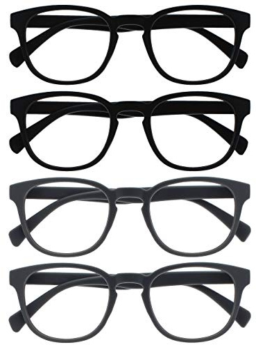 OPULIZE Pop Gafas de Lectura Pack de 4 Redondas Negro y Gris Mate Satinado Bisagras con Muelle Resistentes a los Arañazos Hombre Mujer RRRR2-1177 +2.50