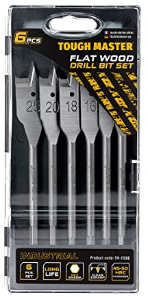 TOUGH MASTER Spade Drill Bits Set, 6 Piece ¼ Inch Quick Change Hex Shank, 10mm, 12mm,16mm, 18mm, 20mm, 25mm Flat Wood Drill Bits with Plastic Carry Case
