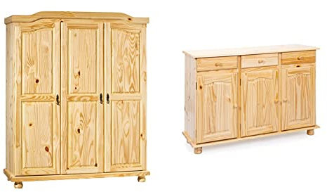 Inter Link Bauernschrank Kleiderschrank Dielenschrank Landhausschrank Garderobenschrank 3 Türig Kiefer massiv Natur lackiert & Sideboard mit drei Türen und drei Schubladen, braune Farbe, 130x87x43 cm.