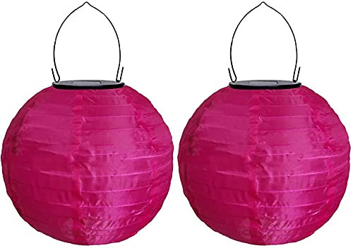 Yeehliny Solar Lampions Außen Wetterfest Solar LED Laterne Wasserdicht Nylon Garten Laterne Solarlaterne für außen Hängend Solarlampiongs Runder Lampenschirm Garten Deko Außendeko (20cm/2PCS/Pink#)