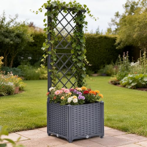 Mingone Blumenkasten mit Rankgitter – Wasserspeicher, Drainage, 40 cm tiefes Beet – selbstbewässernd für Kletterpflanzen, ideal für Balkon, Terrasse & Garten (40x40x136 cm, Rattan-Optik Graublau)