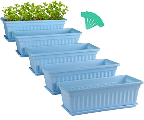 Skelang 5 vasi da fiori rettangolari 42,7 cm, supporto per piante con vassoio, fioriera da giardinaggio con etichetta, scatola per davanzale per piante grasse, erbe, fiori (celese)