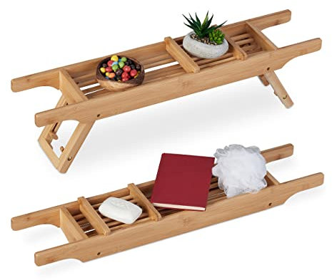 Relaxdays Bandeja Bañera Bambú, 69 cm de Ancho, Patas Plegables, Tabla Baño con Jabonera, Mesa Cama Desayuno, Natural